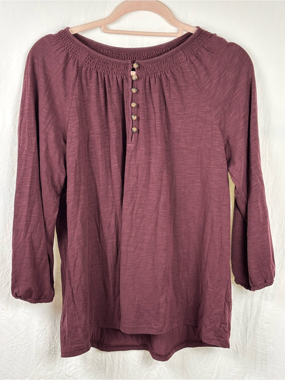 L.L. Bean women’s Raisen Medium Plum Smocked Henley Long-Sleeve Top